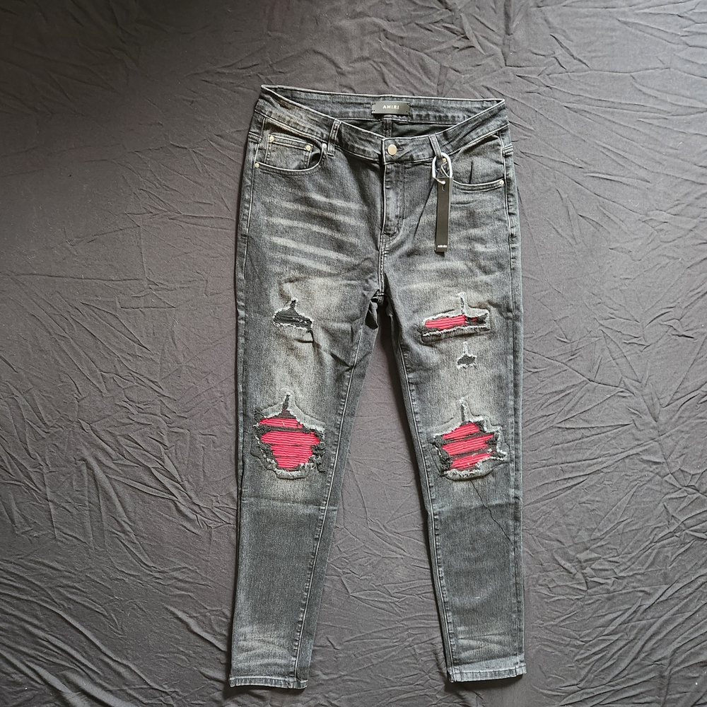 AMIRI Gray Skinny Jeans with Red Underlay
